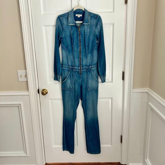 Guess Blue Denim Long Sleeve Straight Leg Zip Front Jumpsuit Size 6 - Picture 1 of 5